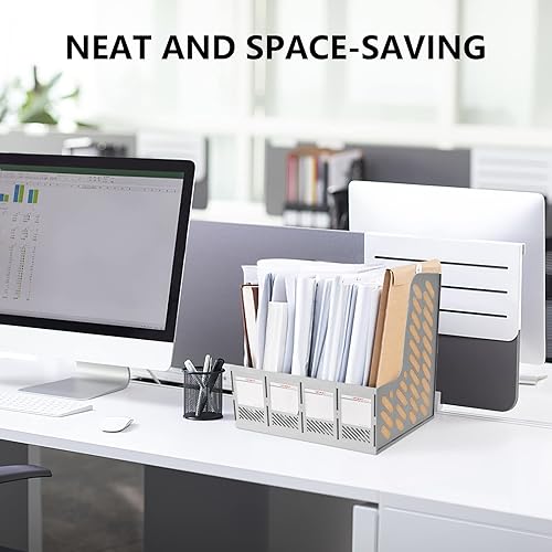 Miniatura 7 de SAYEEC Soporte para archivos de revista, organizador de carpetas de archivos de escritorio de plástico con 4 compartimentos grandes, organizador Gris