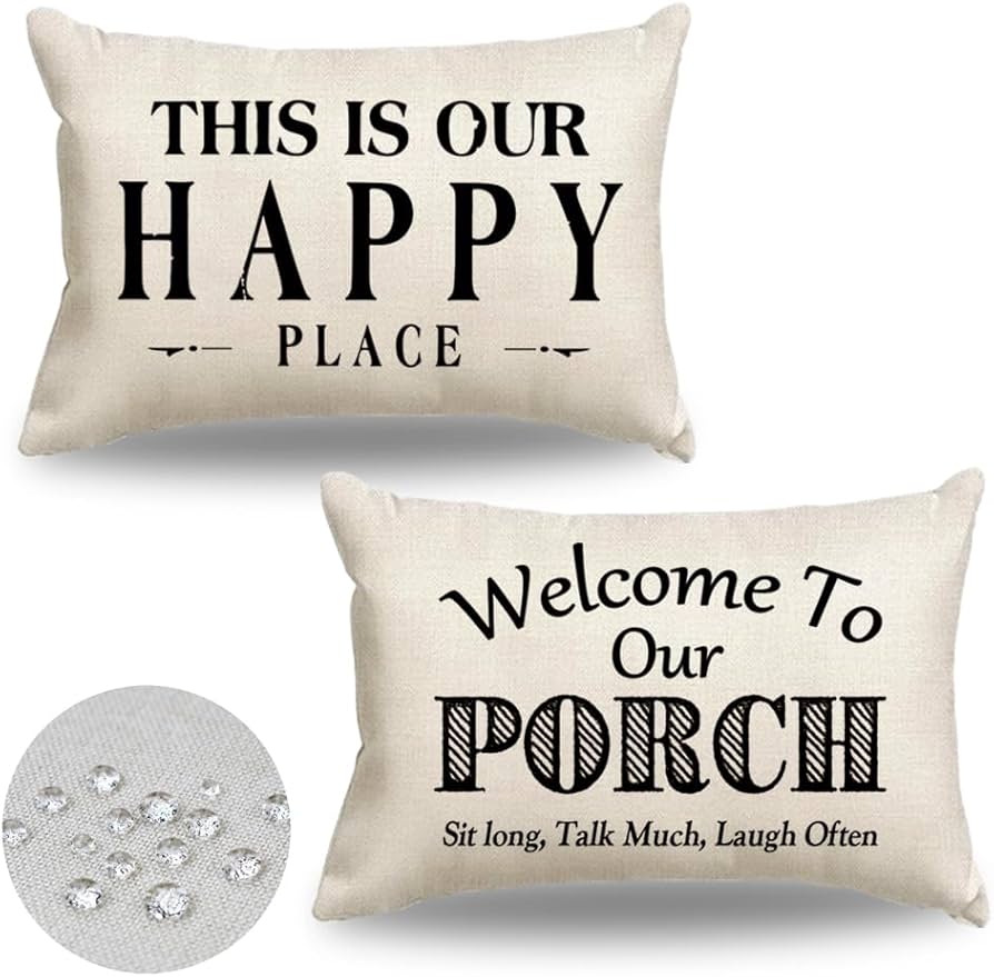 JOJOGOGO Welcome to Our Porch Outdoor Lumbar Pillow Covers Waterproof 12x20 Set of 2, Decorative Outdoor Lumbar Pillows 12 x 20, Front Porch Decor Patio Furniture Pillows (This is Our Happy Place)