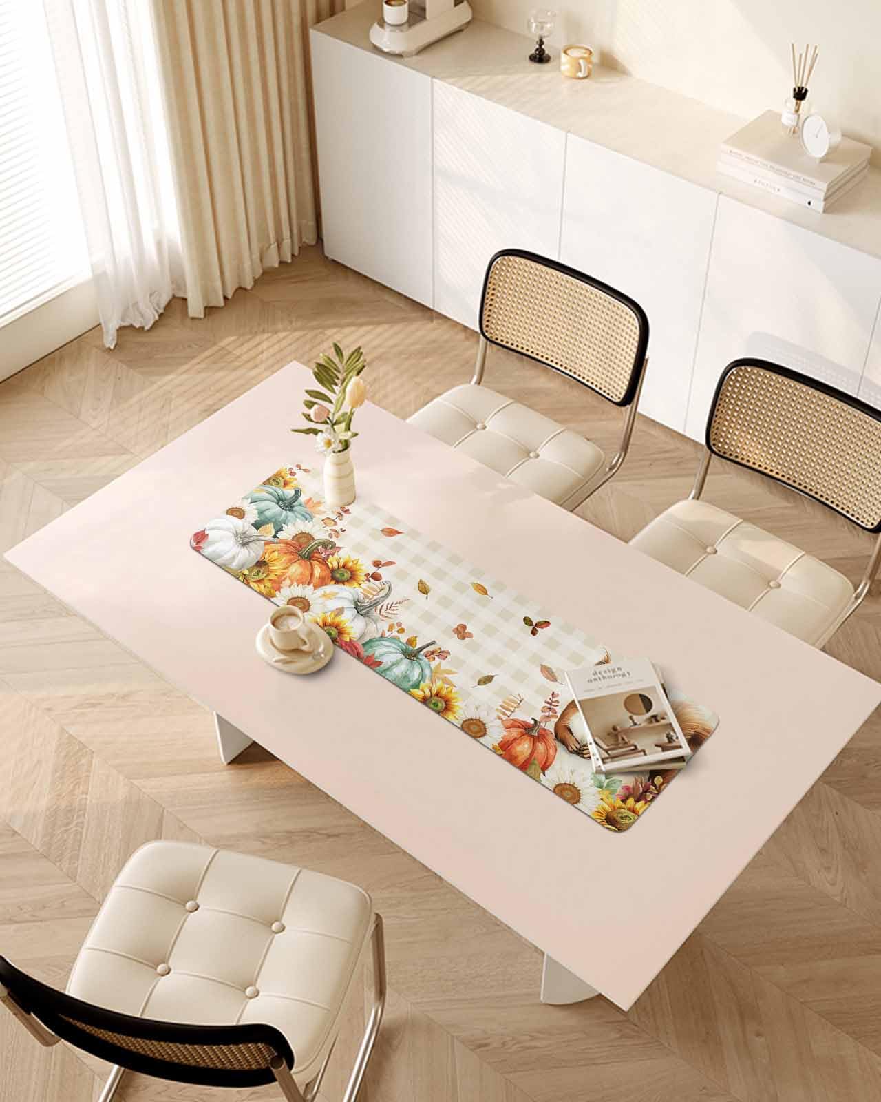 Debedcor Heat Proof Table Pads Waterproof Decorative, Thanksgiving Non-Slip Table Countertop Protector, Fall Squirrel Sunflower Pumpkin Khaki Plaid Insulation Mat for Kitchen Room, 40 x 12 Inches