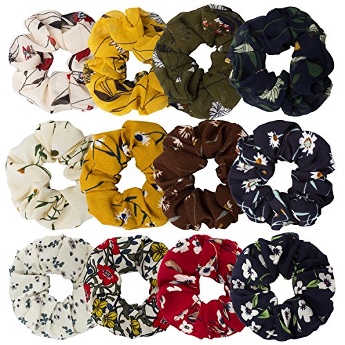Jaciya 12 Pack Chiffon Hair Scrunchies Women's Flower Hair Elastics Scrunchies Hair Bobbles Chiffon Ponytail Holder Summer Style