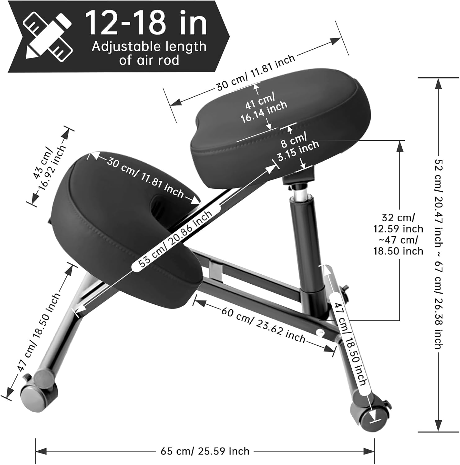 PU Leather Ergonomic Kneeling Chair, Adjustable Home and Office Stool with Thick Pads and Flexible Lockable Brake Wheels for Back Pain Relief (Black)
