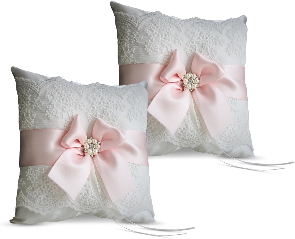 Ivory Ring Bearer Pillow and Basket Set | Lace Collection | Flower Girl & Welcome Basket for Guest | Handmade Wedding Baskets & Pillows (Blush Pink)