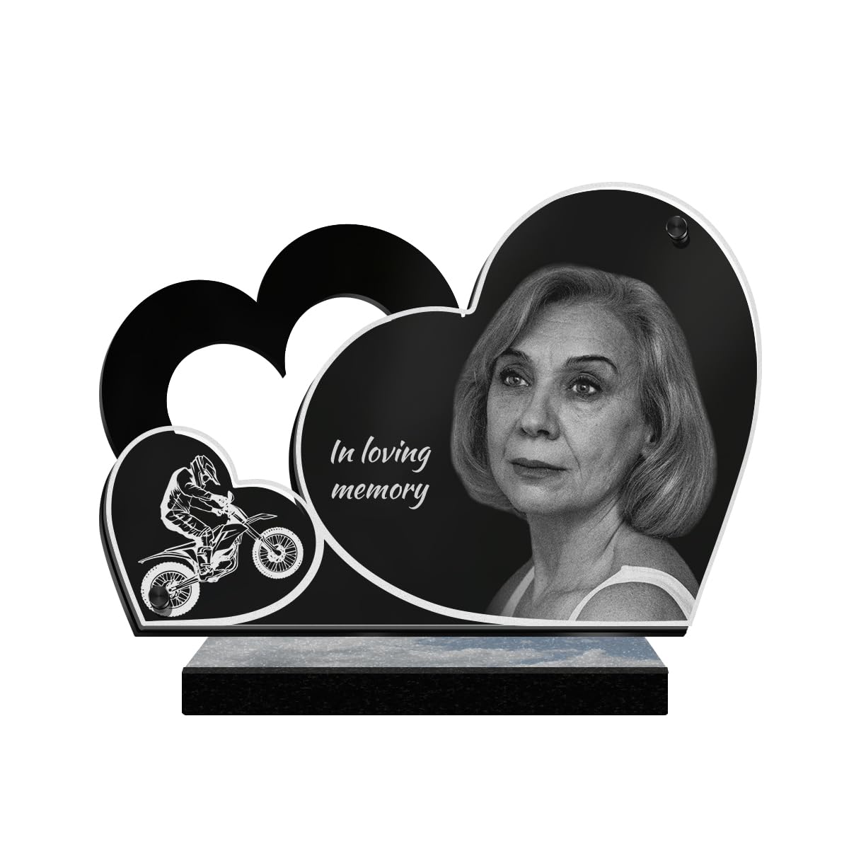 ETERNEL - Personalized Double Heart Motocross Memorial Plaque with Customizable Photo and Text, laser-engraved memorial plaque for tribute, cemetery plaque, tombstone, funeral, funerals