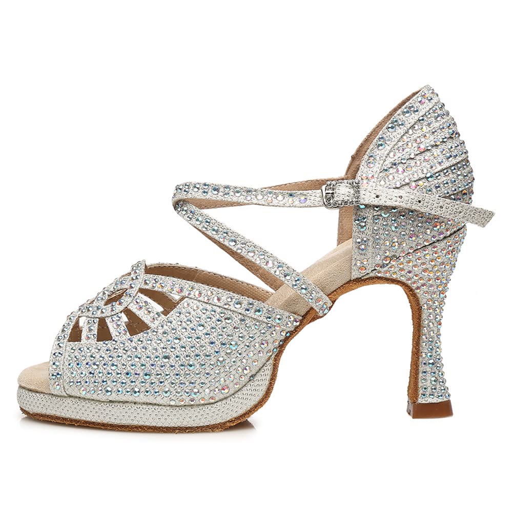 Zapatos de Baile Latino Mujer con Plataforma Zapatos de Baile Salsa y Bachata de Salón Punta Abierta,Modelo YC-L458