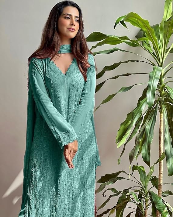 Image of Women's Chikankari Embroidered 3 Piece Suit Set in Faux Georgette - Long Gown Style Kurta with Lining with Dupatta