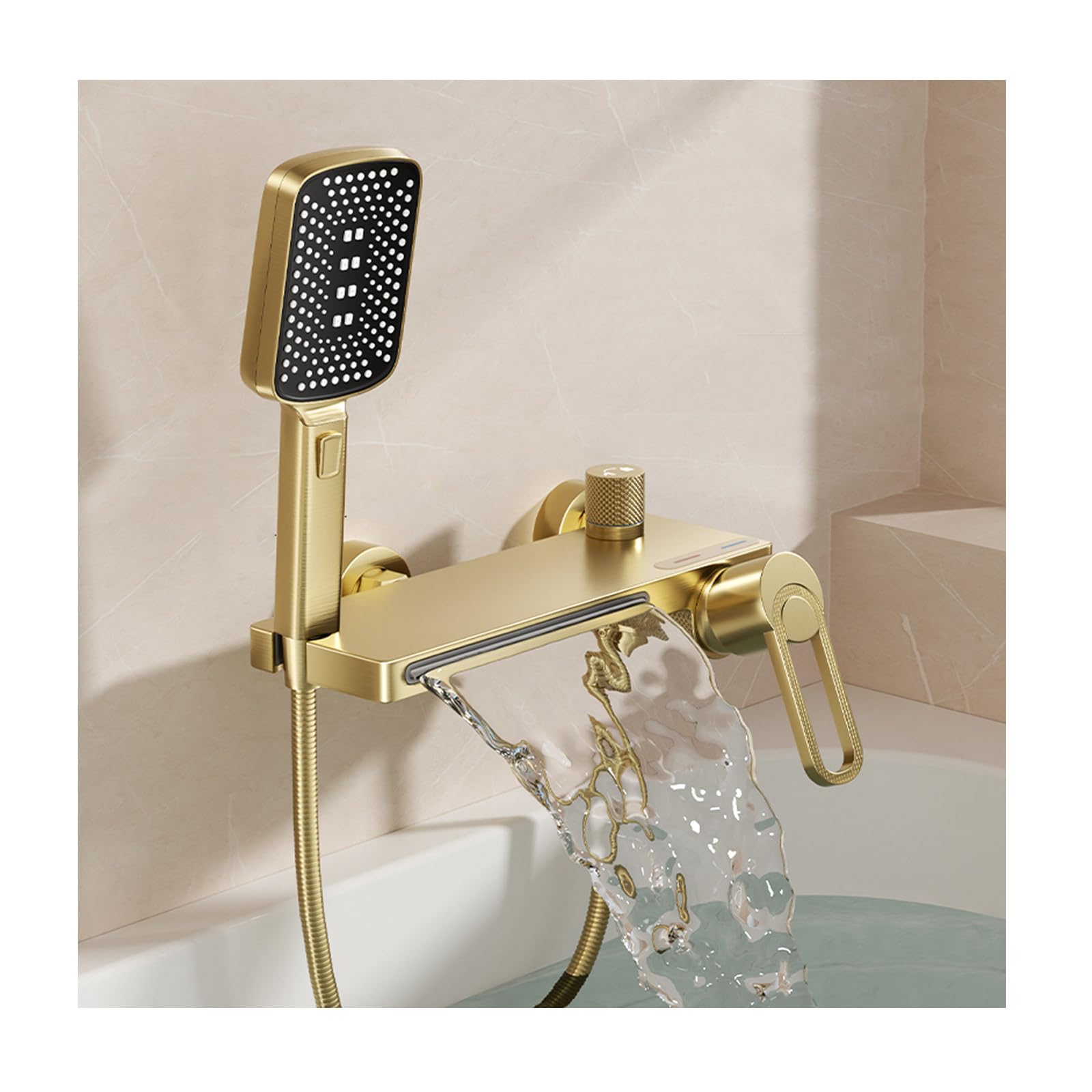Grifo Bañera, Grifo Ducha Cascada Alto Flujo | Latón, Monomando Mezclador de Bañera, Agua Caliente y Fría Regulable, Incluir Alcachofa 3 Modos, Manguera de 150 cm
