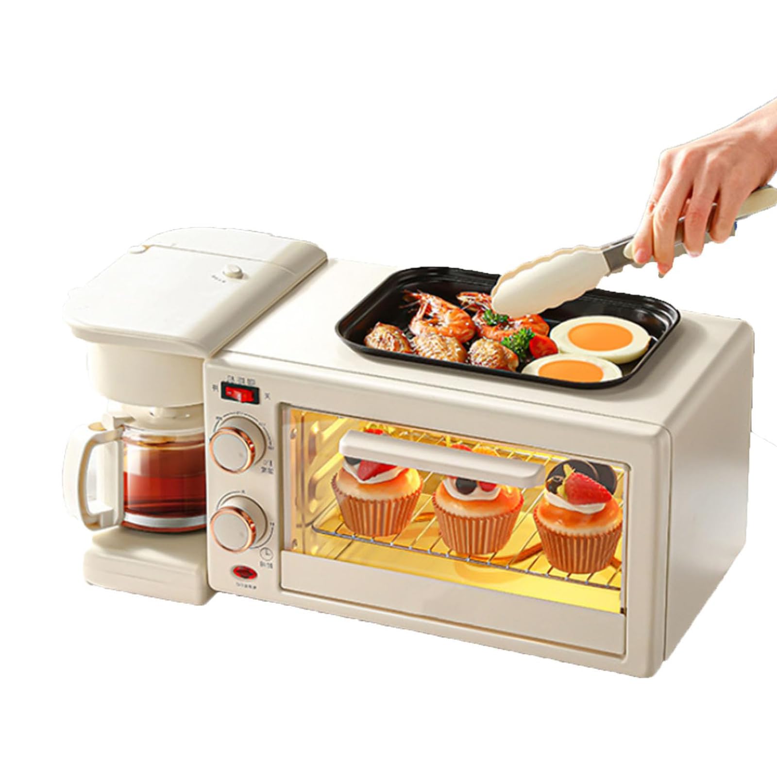 Stacja śniadaniowa 3 W 1 Z Regulacją Temperatury, Opiekacz Do Kanapek I Piekarnik Do Pieczenia, Ciastek, Grillowanego Mięsa, Funkcja Gotowania Z Timerem, Wielofunkcyjny Gadżet Kuchenny