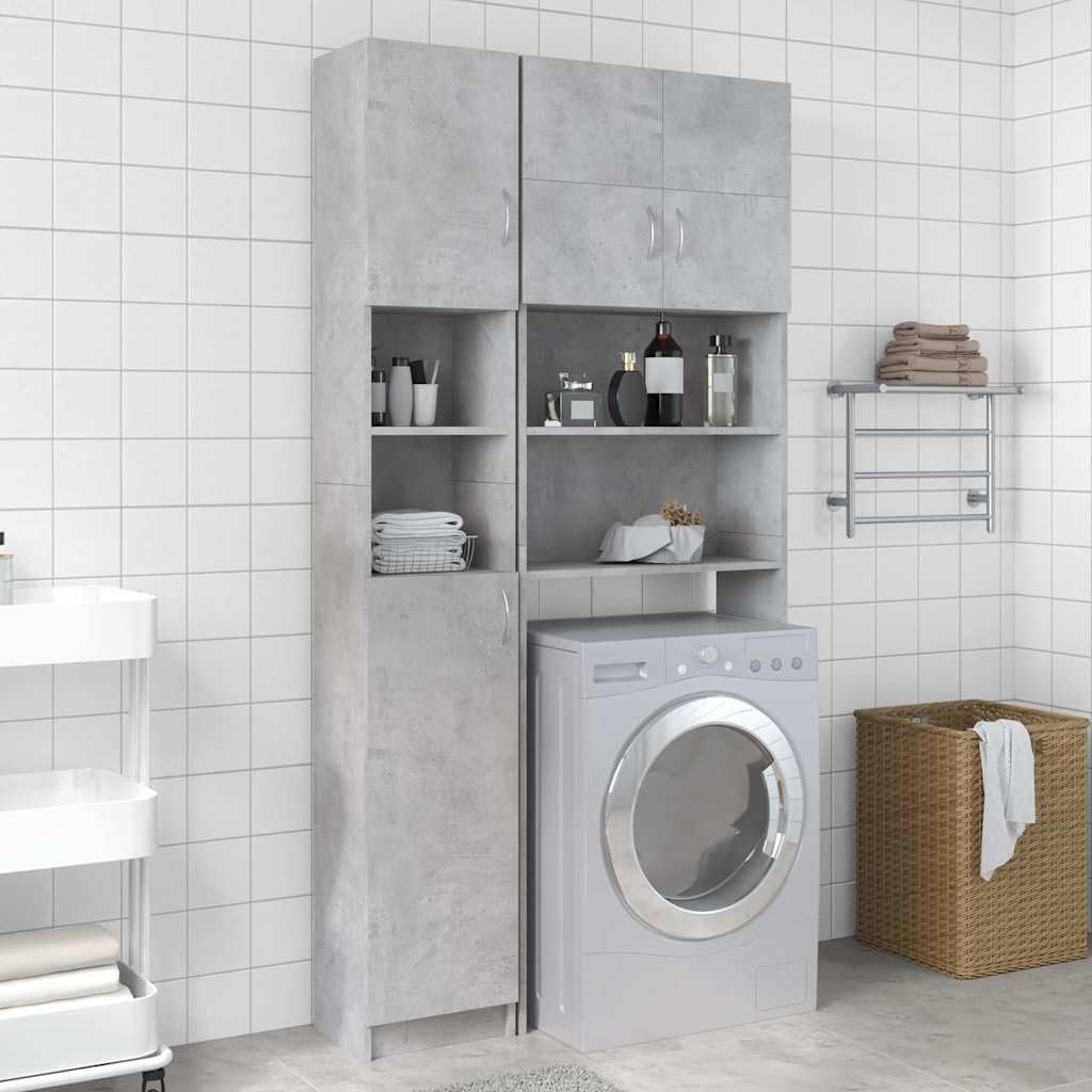 Armadietto da bagno grigio cemento, 32 x 25,5 x 190 cm, in legno, set di mobili da bagno con 4 ante, 2 scomparti aperti, molto capiente, montaggio a parete, salvaspazio, per lavabo e