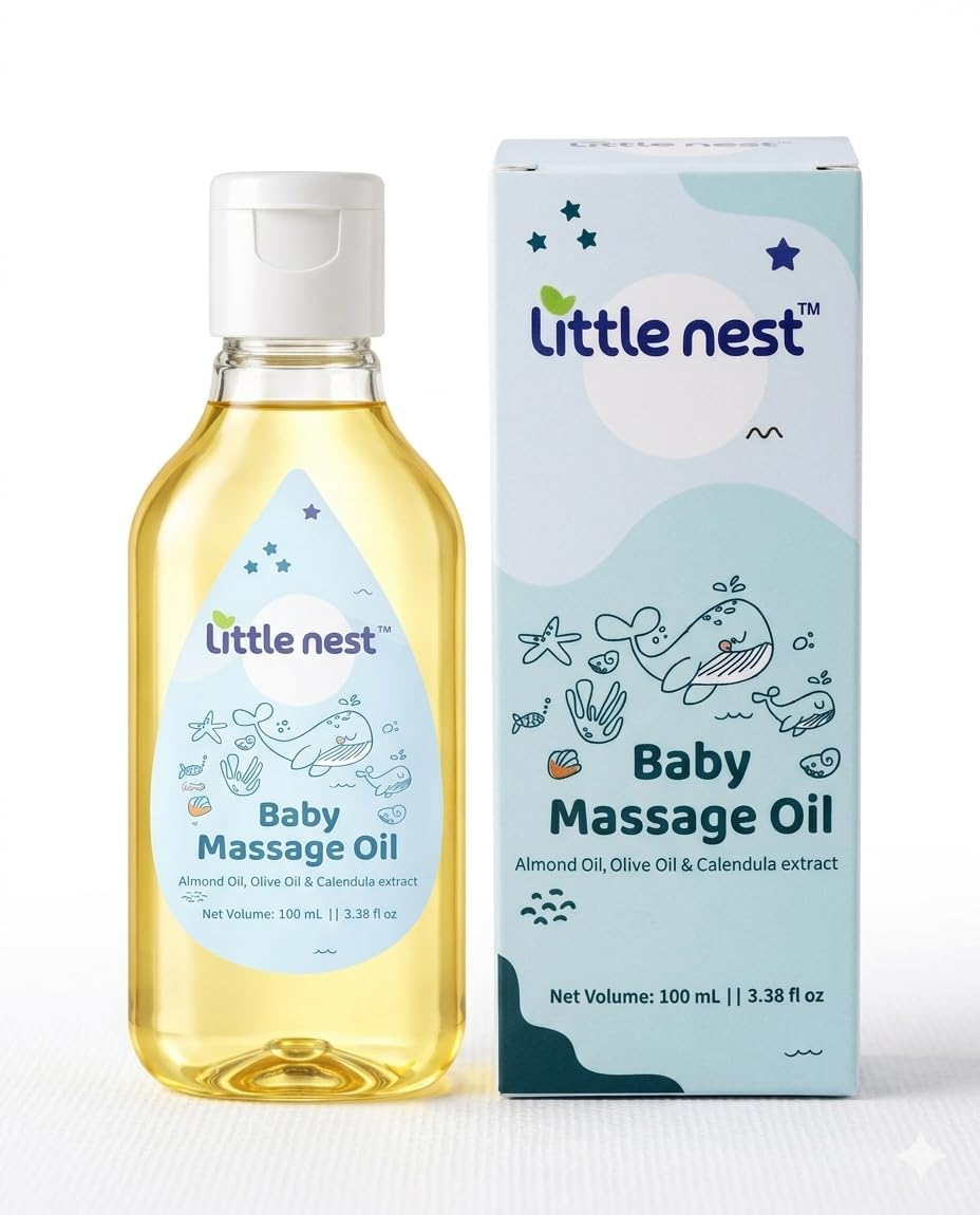 Baby Massage Oil with Almond Oil, Olive Oil, Coconut Oil, Sunflower Oil, Sesame Oil, Grape Seed Oil & Calendula Extract, Moisturising, 100 mL