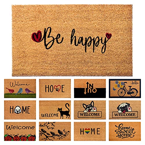 Paillasson Be Happy en Fibre de Coco - 70x40cm - Tapis de Porte de Bienvenue, Surface Antidérapante PVC & Fibre de Coco - Entrée Maison, Couloirs, Portes - Accessoires Maison - Original & Minimaliste