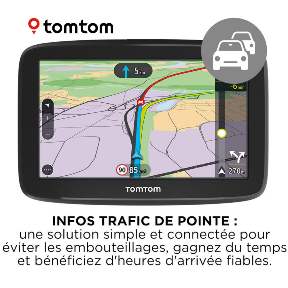 TomTom GPS Voiture GO Classic, 5 Pouces, Info Trafic, Essai des Alertes de Zones de Danger, Cartes EU, Mise à Jour Via WiFi, Fixation Reversible Intégrée Noir
