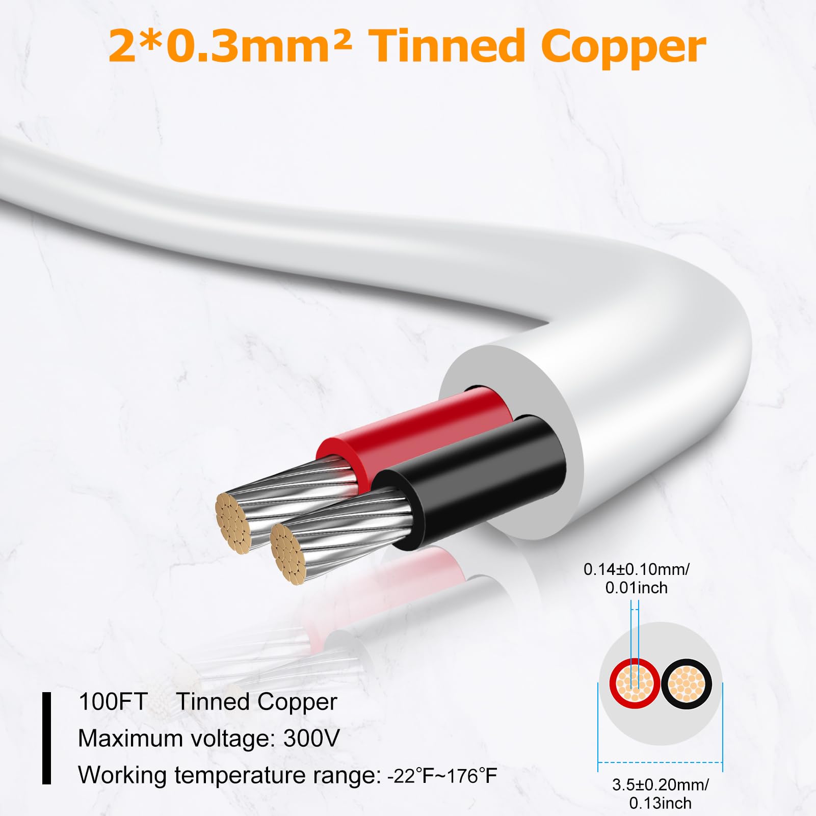inShareplus 22AWG 2x0.3mm² 30 Meter Electrical Wire 2 Core Cable, 5V/12V/24V White Tinned Copper Wires - Image 3