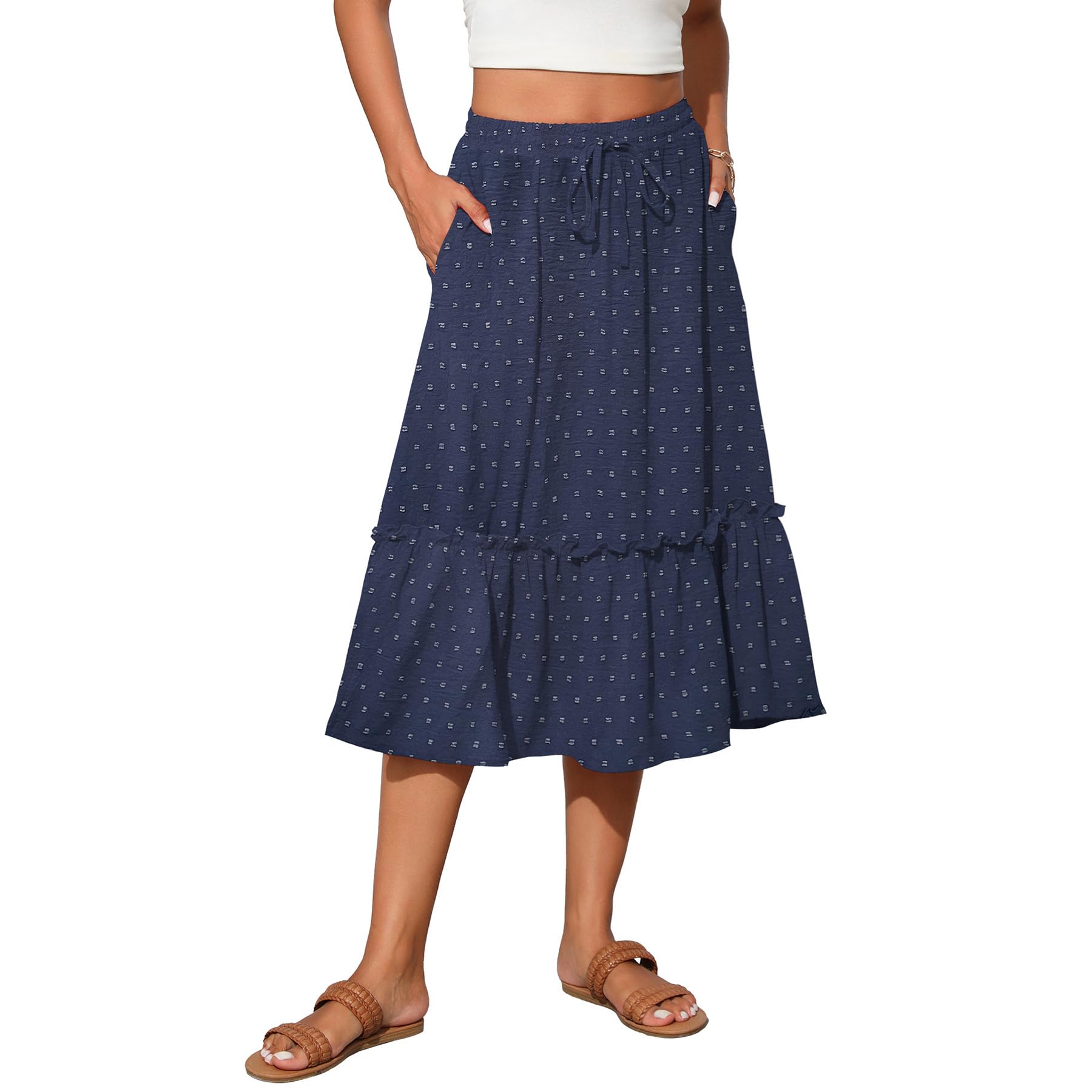 Witsmile Womens High Waist Tiered Midi Skirt Flowy Long Length with Pockets
