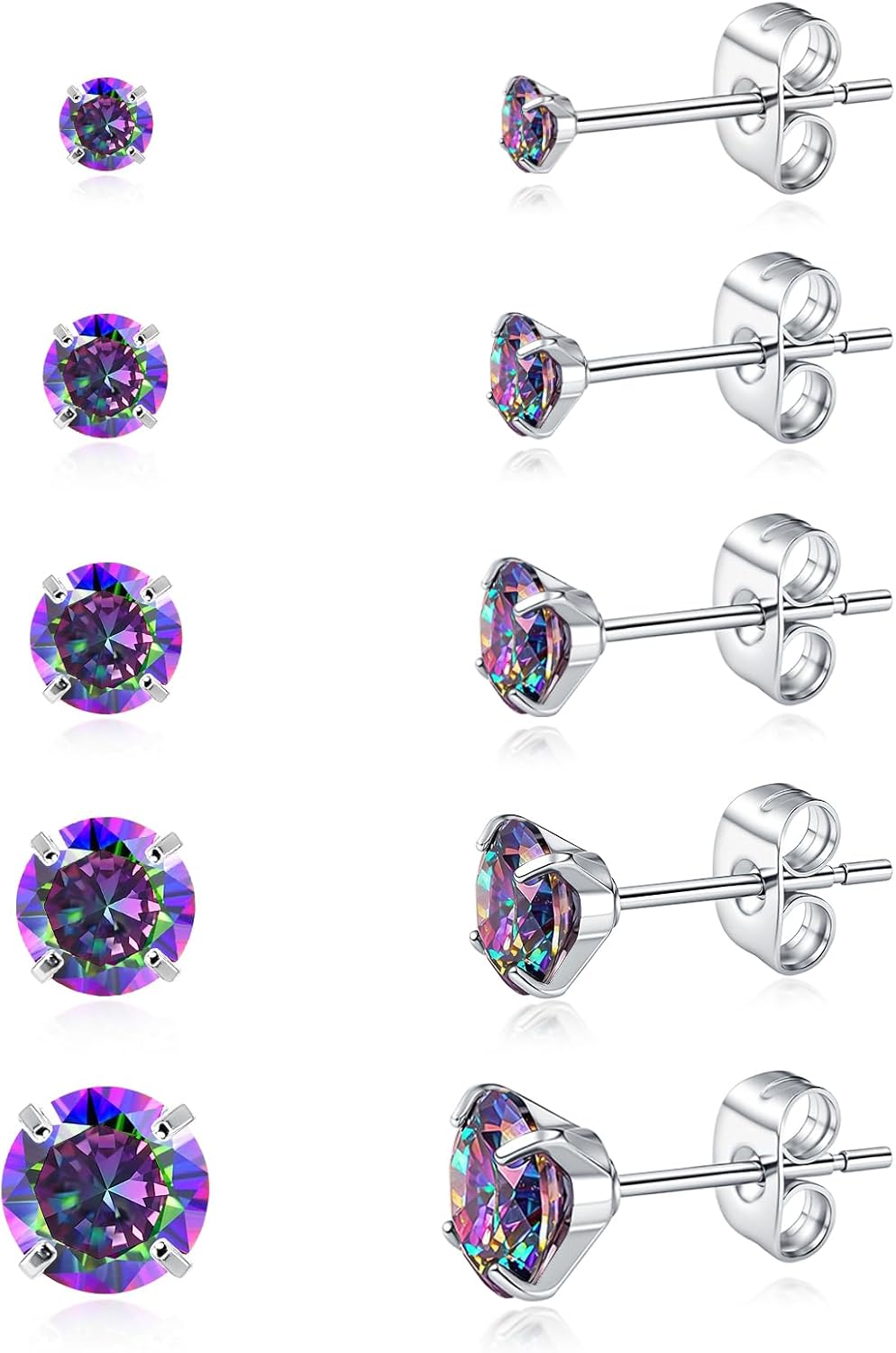5 Pairs Stud Earrings for Women, Hypoallergenic Cubic Zirconia Silver Black 316L Surgical Stainless Steel Rainbow CZ Earrings Set 3-7mm