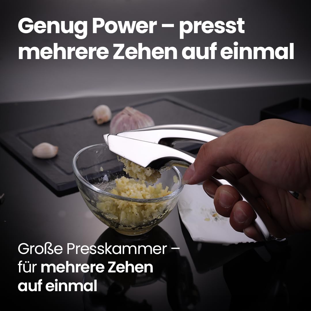 Gourmet Easy Knoblauchpresse, 2 Aufsätze, ohne Schälen, lebenslanger Ersatz | Robuste Knoblauchpresse Edelstahl mit 2 Aufsätzen für feines & grobes Hack, ergonomischer Griff, spülmaschinenfest