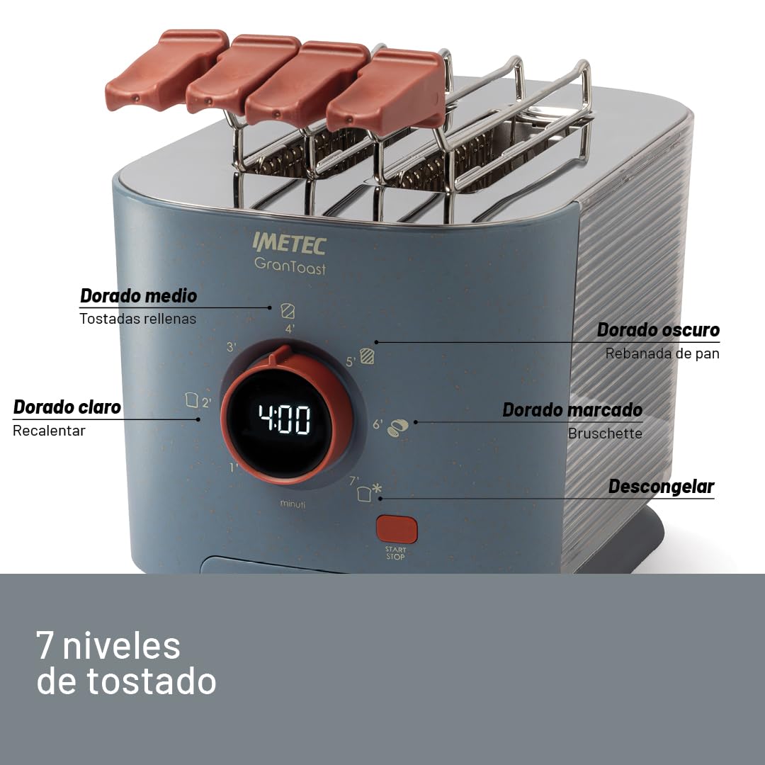 Imetec Grantoast, Tostadora XL de 2 rebanadas con pinzas deslizantes para tostadas rellenas, 7 niveles de dorado, fácil limpieza, pantalla LED, plancha para calentar, temporizador digital