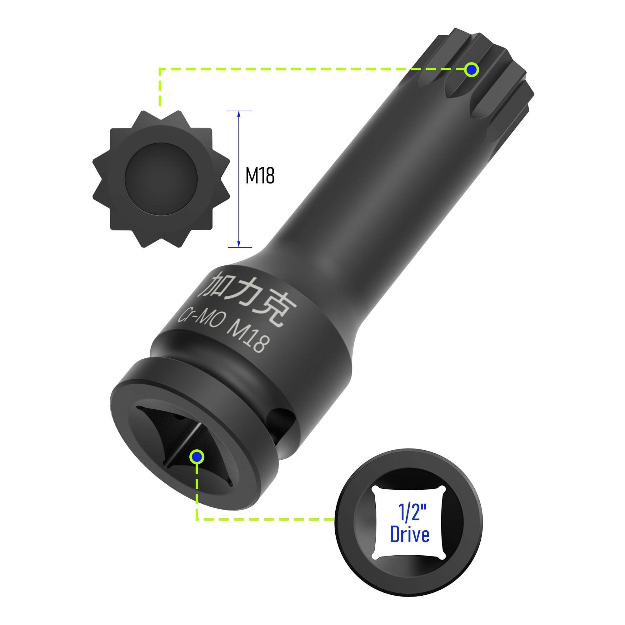 FOCMKEAS 1/2-Inch Drive x M18(18mm) Impact XZN Triple Square Spline Bit Socket - Image 2