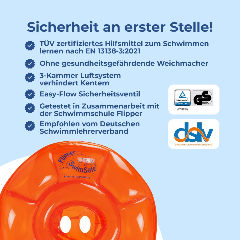 Flipper SwimSafe 1040 - Schwimmsitz für Babys ab 3 Monaten, Schwimmhilfe mit 3 Luftkammern und ohne Gurte, Durchmesser ca. 62 cm, Orange
