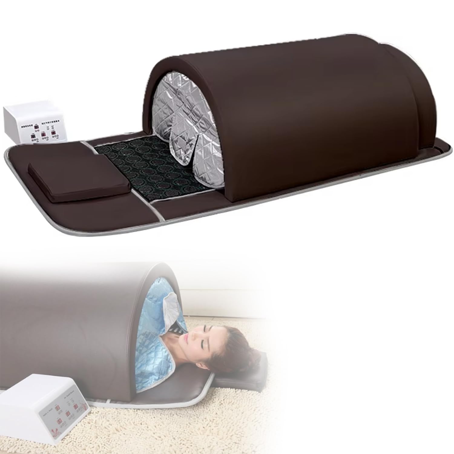 Sauna Con Cúpula De Infrarrojos Lejanos Para Spa Personal De Adelgazamiento Y Desintoxicación En El Hogar,Cápsula De Sauna Portátil Tumbado Cobertura Completa 360 ​​grados,Brown