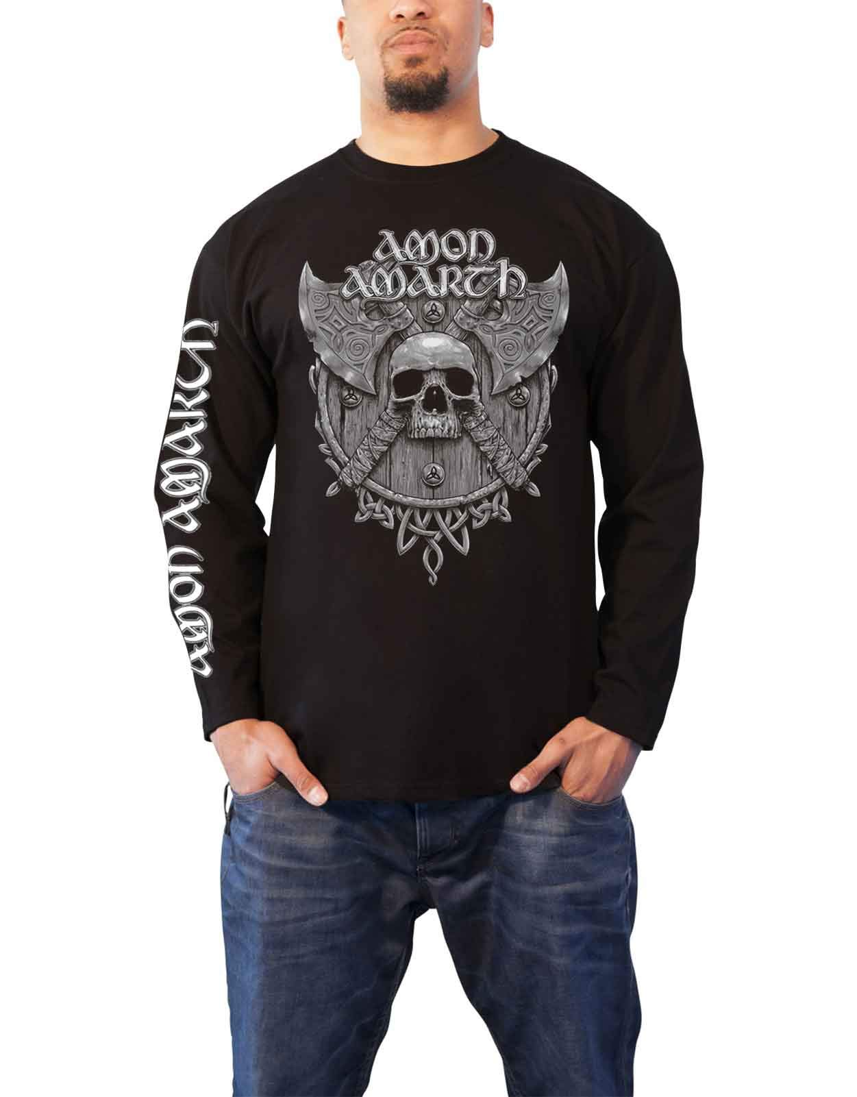 Amon AmarthT Shirt Grey Skull Official Mens Black Long Sleeve L