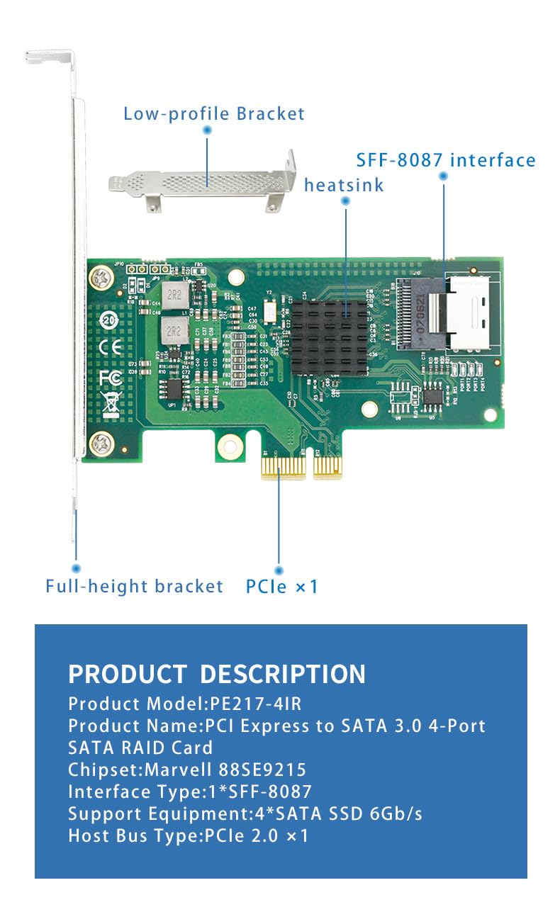 4-portowa karta kontrolera SATA PCIe RAID 6 Gb/s, Marvell 88SE9230, obsługa RAID 0/1