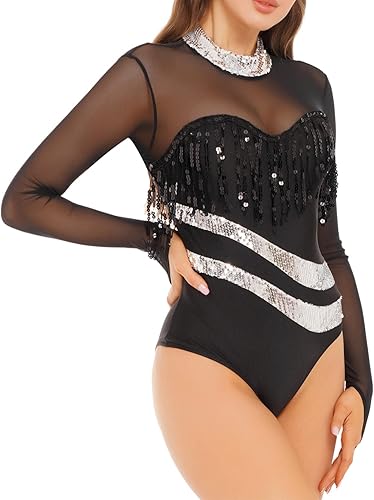 Miniatura 3 de Body de manga larga de malla transparente para mujer, con lentejuelas, cuello alto falso, leotardos de gimnasia para ballet