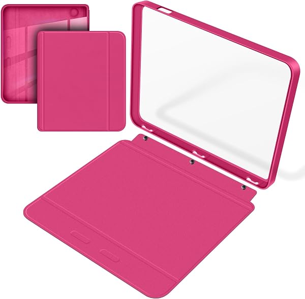 Étui Split Folio Détachable et Protecteur pour Kobo Libra 2 7" de 2021, Coque Arrière Légère Transparente Ultra Claire, Fonctions Automatique de Veille et de Réveil, Framboise - 1