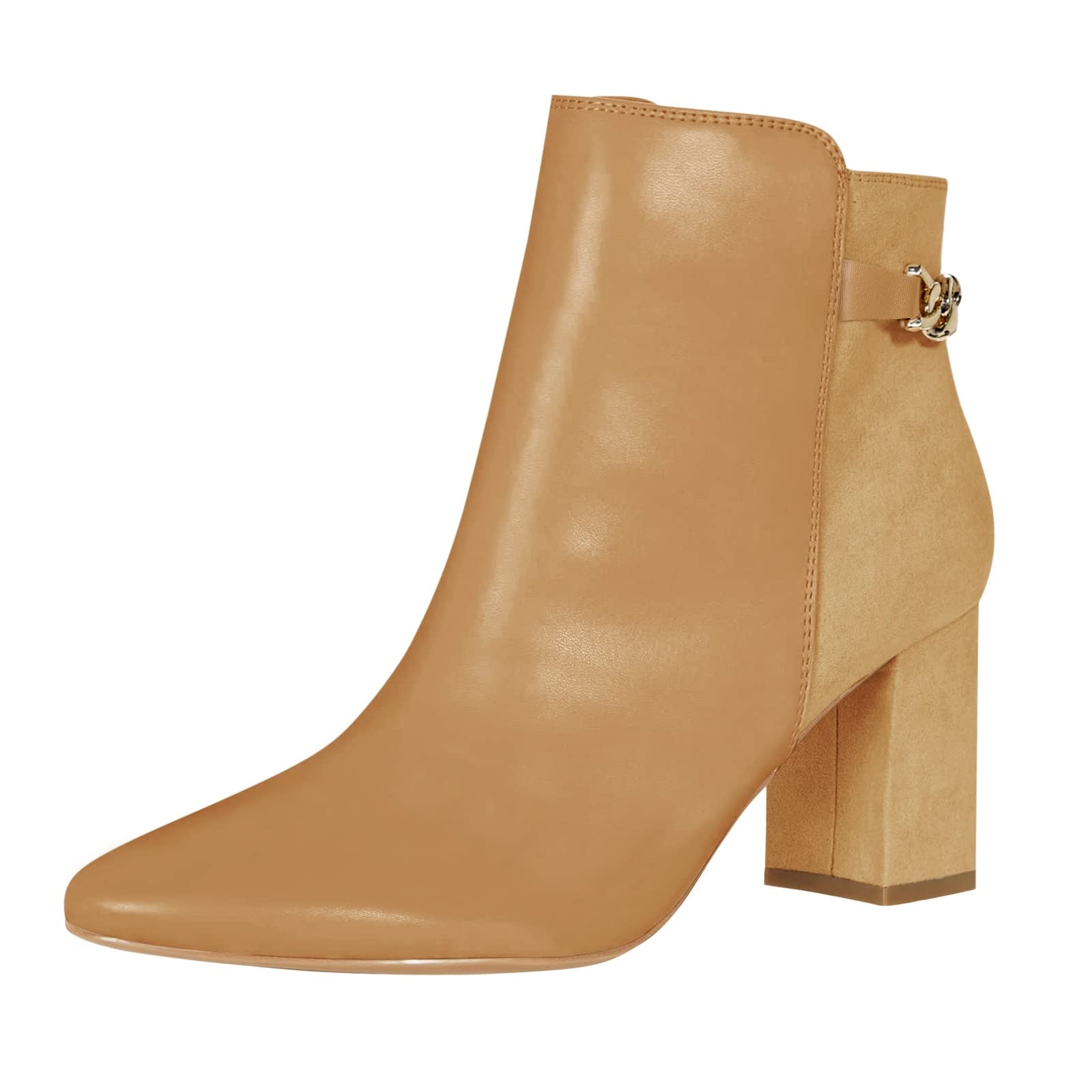 Womens Chunky Ankle Boots Block High Heel Dress Booties Chain Pointed