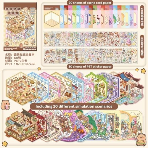Image of FAMOUS QUALITY 50 Sheet DIY 3D Sticker - Scene Collection Book for Kids, Adults, Cute Make Your Own Shop House Stickers for Gifts, Stickers Therapy, Adult Relief, Stress, Pass The Time, Play Park