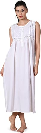 Women Pure cotton Victorian style Nightdress sleepwear nightgown Boho Iconic white Sleeveless Nightie