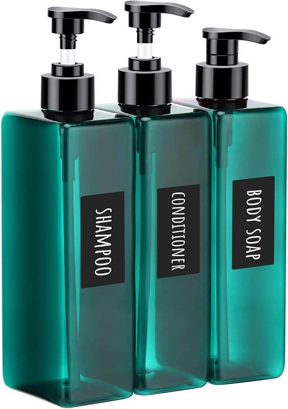 Frascos Recarregáveis Segbeauty com Bomba e Etiquetas, 3 unidades de 500 mL, Plástico PET, Verde-claro