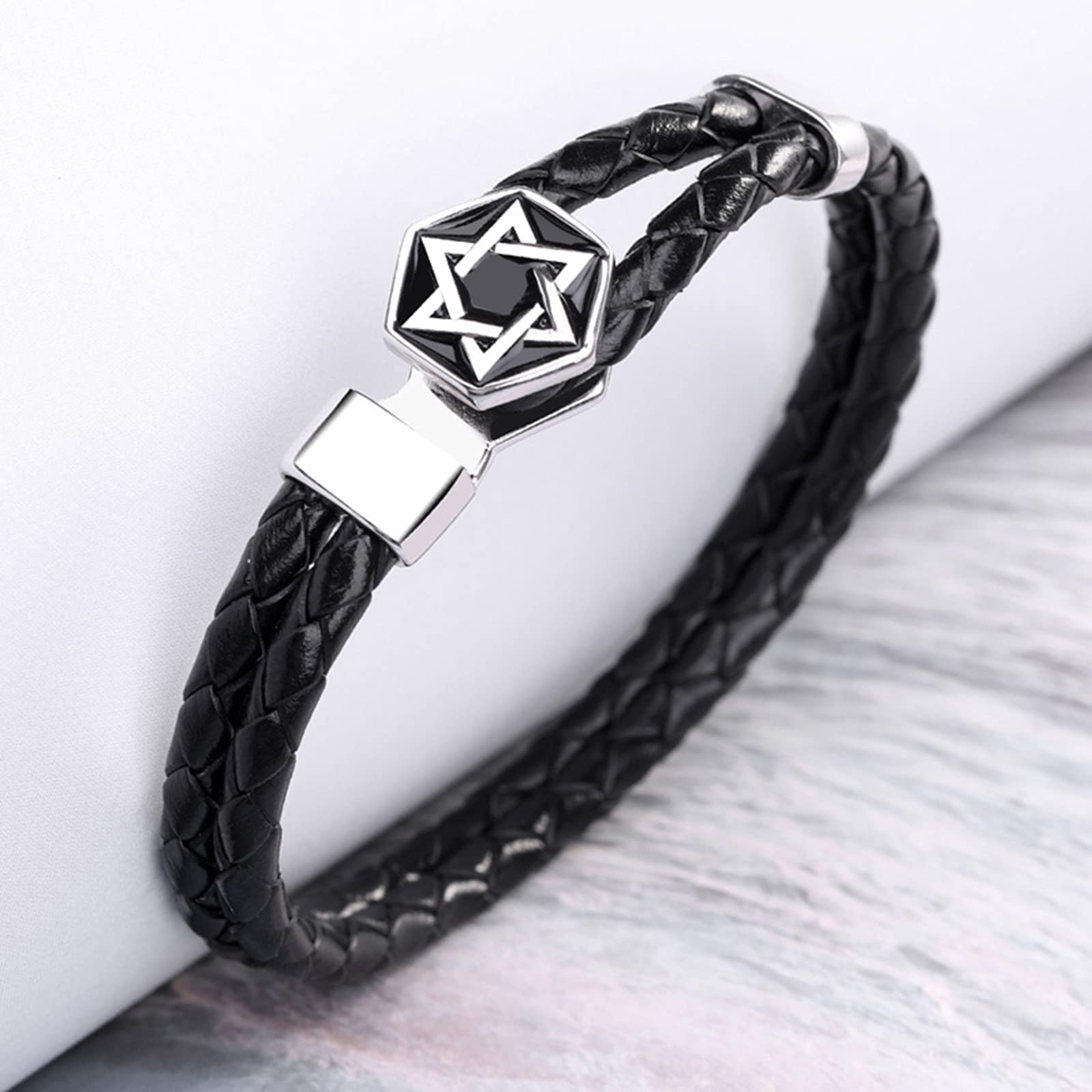 Pulsera trenzada de cuero de la PU de las PU de los hombres de los hombres - Pulsera de estrella de esterlina de 925 de la plata esterlina a mano, pulsera de cierre de estrella de seis puntas, longitu