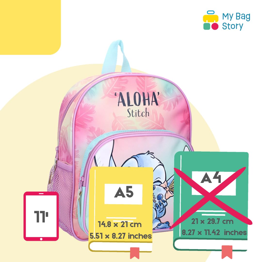 mybagstory - Plecak dziewczęcy Stitch - różowy - dla dzieci - szkoła - przedszkole - żłobek - tornister dziewczęcy - rozmiar 29 cm - regulowane ramiączka - pomysł na prezent, Ścieg - różowy, Enfant
