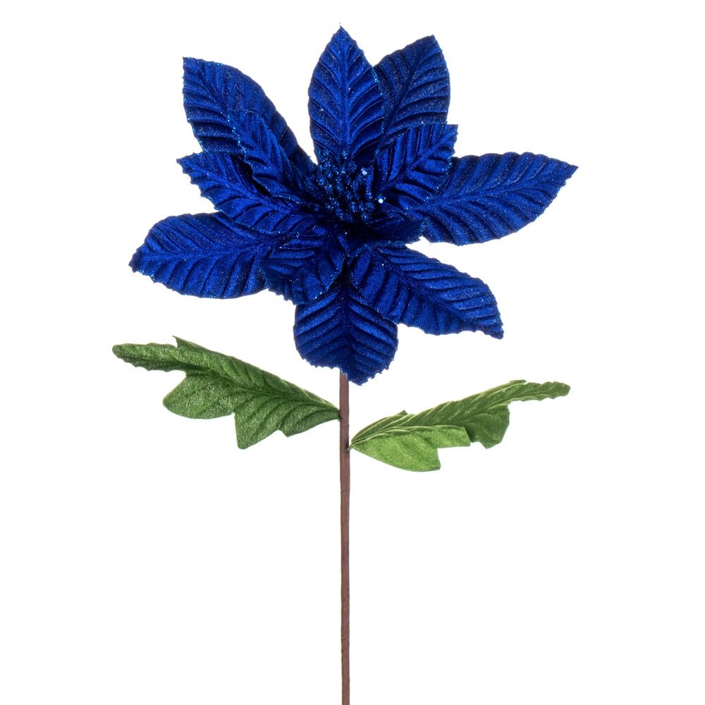22 in. Velvet Glitter Trim Poinsettia Spray Blue - 6 per Bag