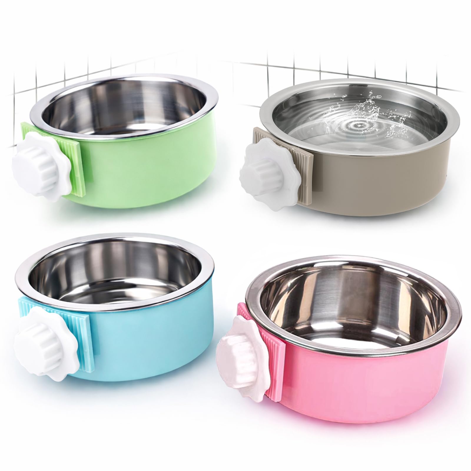 Mechpia 4 Pieces Crate Dog Bowl, Removable Stainless Steel Pet Kennel Hanging Food Water Feeder Bowl Cage Coop Cup for Puppy Medium Dog Cat Rabbit Ferret Bird