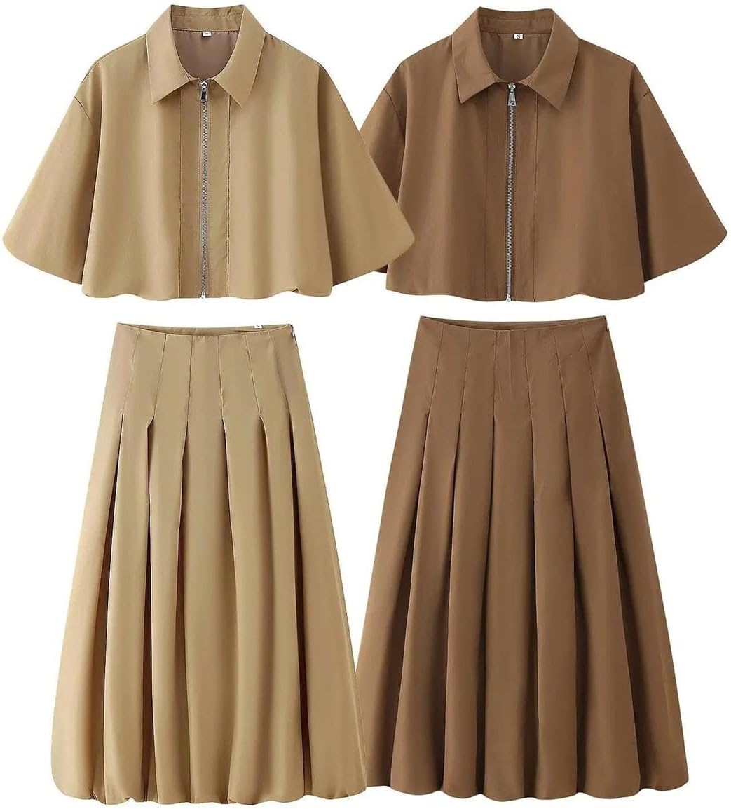 Women's Short Zipper Jacket Short Sleeved Top High Pleated Lantern Flower Bud Half Skirt Set