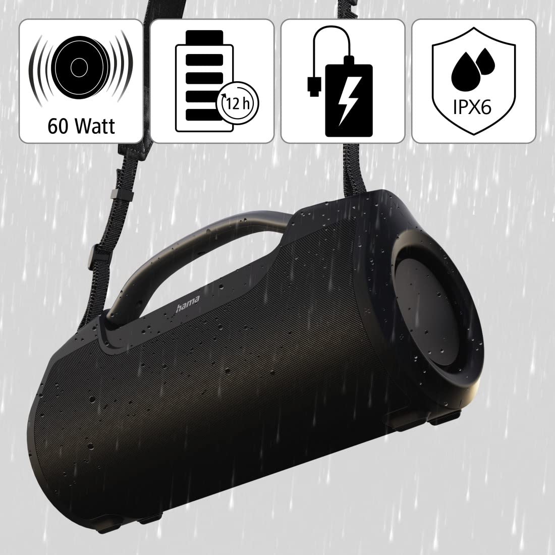 Hama Enceinte Bluetooth Portable sans Fil SoundBarrel, Rechargeable Autonomie 12h, Haut Parleur étanche IPX6, Résistance poussière Chocs, Puissance 60W, Power Bank Intégré USB-C, Sangle - Noir