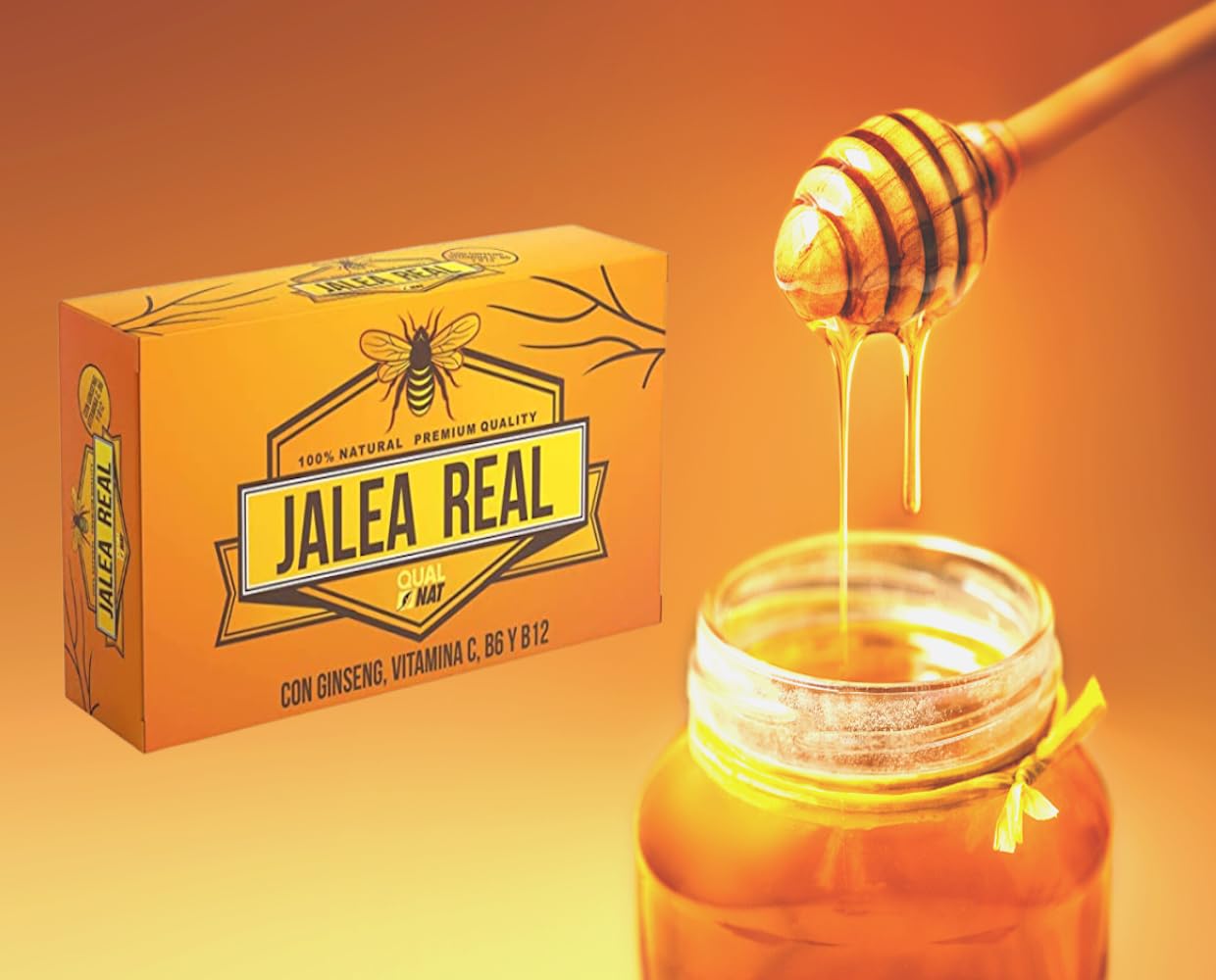 Jalea Real 100% Natural - Suplemento con Ginseng y Vitamina C | Jalea Real 40 Ampollas - Ayuda a Reforzar el Organismo y el Sistema Inmunitario - con Vitamina B6 y B12 - QUALNAT