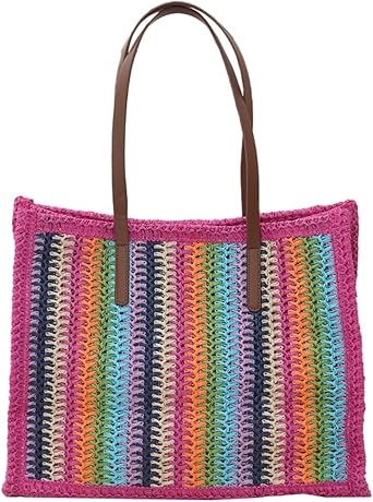 Rungion Womens Colorful Straw Tote Bag Woven Large Striped Beach Top Handle Handbag Summer Vacation Shoulder Purse