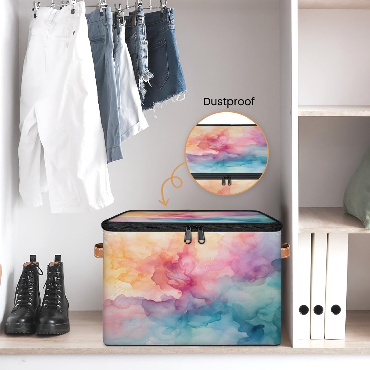 Storage Bin Set of 2 Rainbow Watercolor Storage Basket with Zipper Lid & Handle Foldable Closet Shelf 2 Pack Cloth Organizer Basket Cube Bins Clothes Organizer for Bedroom, Nursery