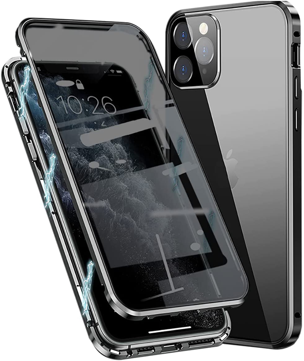 Fiokxie Anti Peep Magnetic Custodia per iPhone 14 Pro Cover 360 Gradi Protettiva Case Adsorbimento Magnetico Paraurti in Metallo Anti Spia Custodia Privacy Vetro Temperato Flip Anti Spy Cover,Argento
