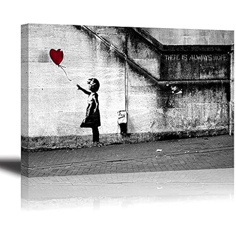 Painting Prints on Canvas PIY Graffiti Wall Art Print Girl with Red Ballon HD oil painting Waterproof ECO-ink print Image Street Pop Art pictures with Frame for Living Room Bedroom Décor Gift Cover