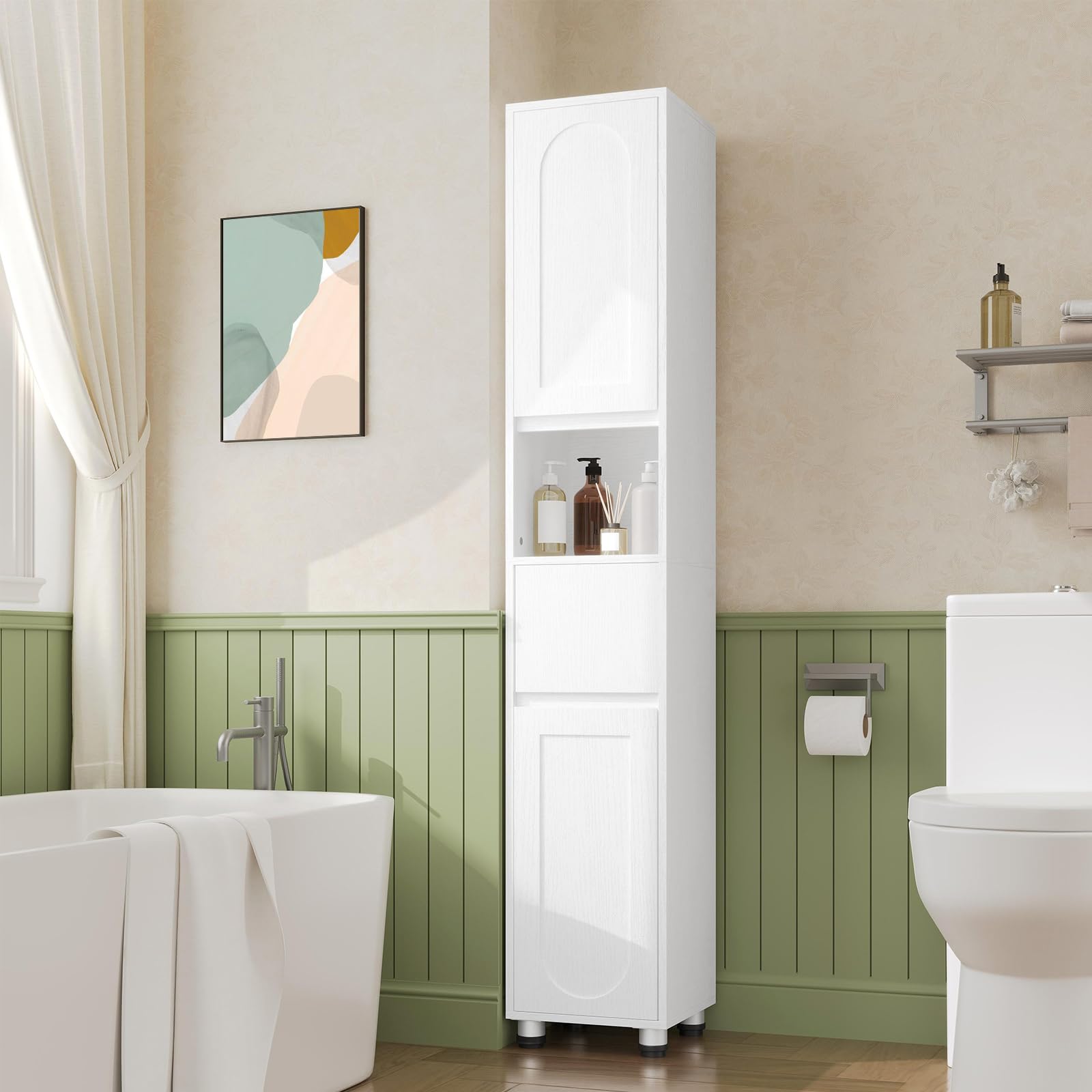 HOOBRO Armario de Baño de 30 x 30 x 170 cm, Puertas y Estantes Interiores Ajustables, 1 Compartimento Abierto y 1 Cajón, para Espacios Reducidos, Baño, Pasillo y Cocina, Acabado en Blanco EWW22BC01