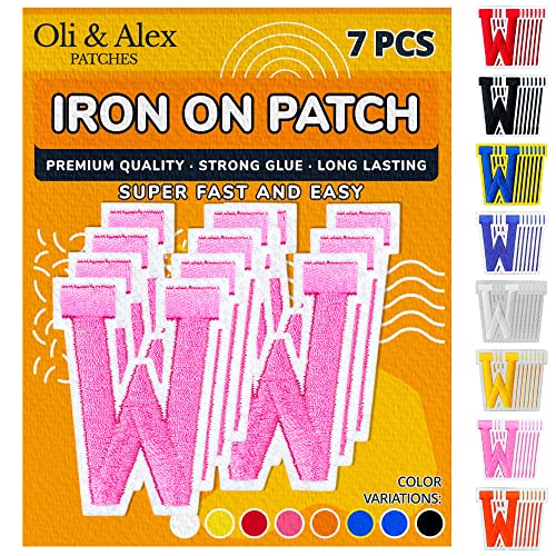 Oli and Alex Iron On Letters 2.4 inch - 7 pcs of W Pink Patches Letters for Clothing - Super Glue - No sew Needed - Embroidery Football Team School University - Pink, W