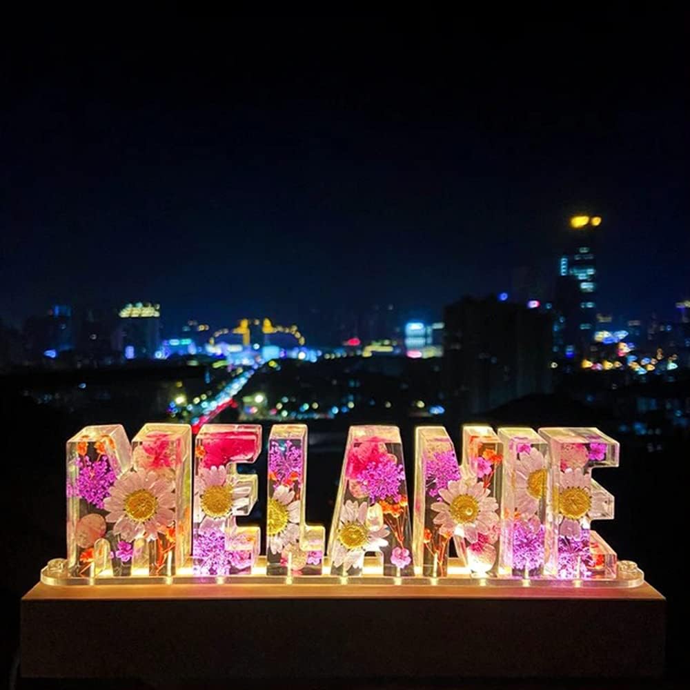 Custom Dried Flower Letters Night Light Lamp with Name for Bedroom Silicone Molds with Wooden Lighted Base for Resin Craft, Home Decor