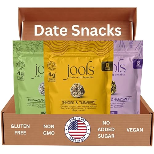 Jools Medjool Date Snack Bites Variety Pack - Ashwagandha & Maca, Ginger & Turmeric, Chamomile & Lavender - Plant-Based, Gluten-Free - Clean Energy Snacks with Superfoods, No Added Sugar - 3 Pack