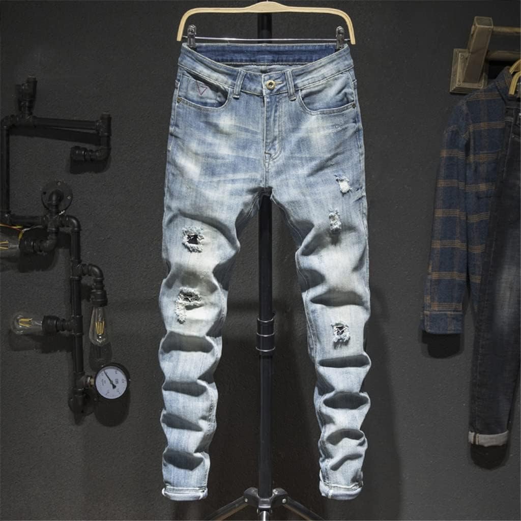 Ripped Jeans for Men Slim Fit Retro Stretch Streetwear Patchwork Torn Men's Pants Male