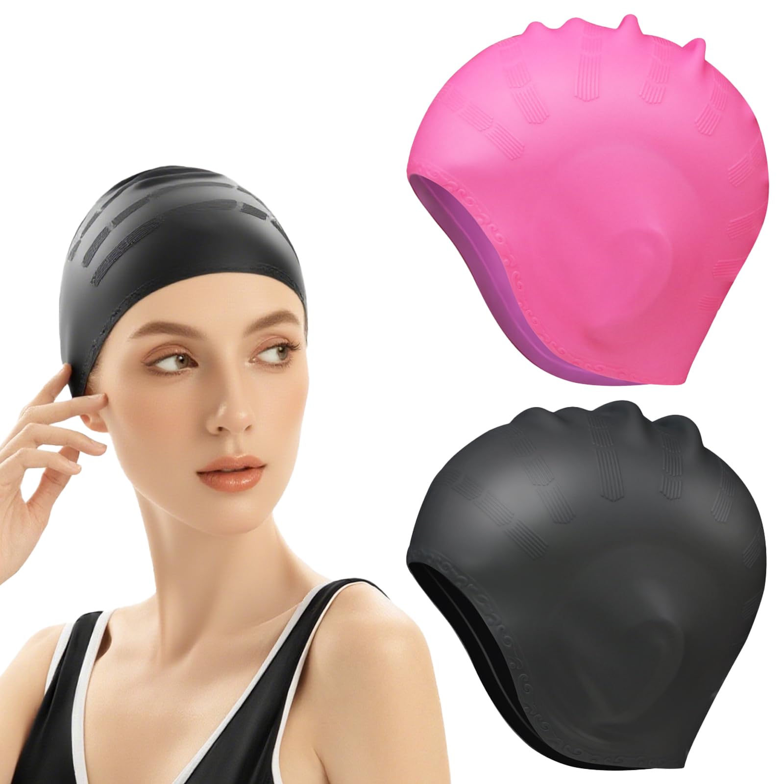 2unidades Gorro Piscina Protecion de Oido 3D,Antideslizantes Gorro de Baño,Gorros de Natación,Gorros de Natación Impermeable de Silicona,Gorroes de Natacións Apto para Diferentes Peinados