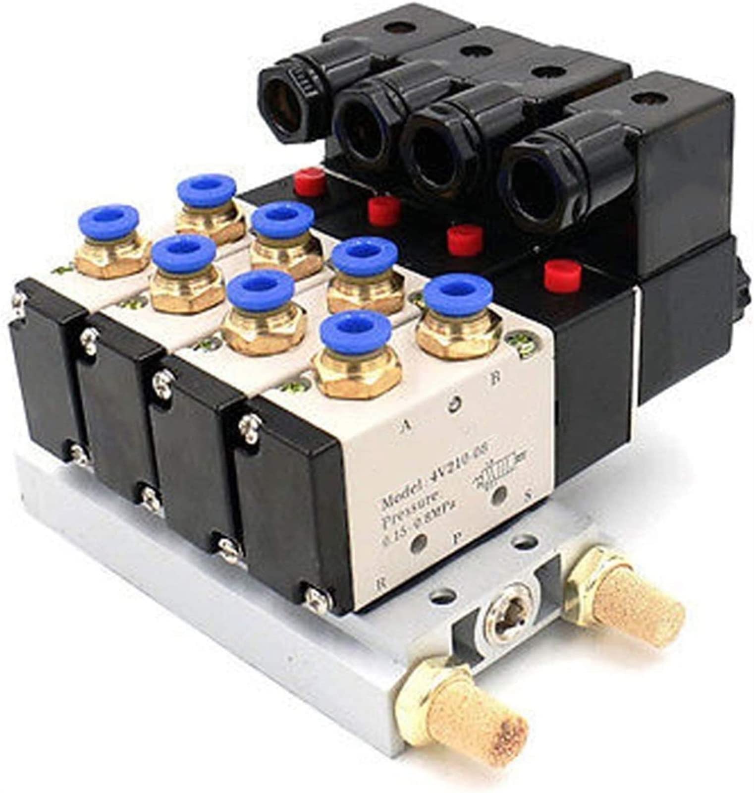 UWUKCJOKQ DC12V 24V AC110V 220V Quadruple Pneumatic Solenoid Valve 4V210-08 Muffler 4mm 6mm 8mm 10mm 12mm Quick Fitting Base Set Useful(10mm Fittings,5V)