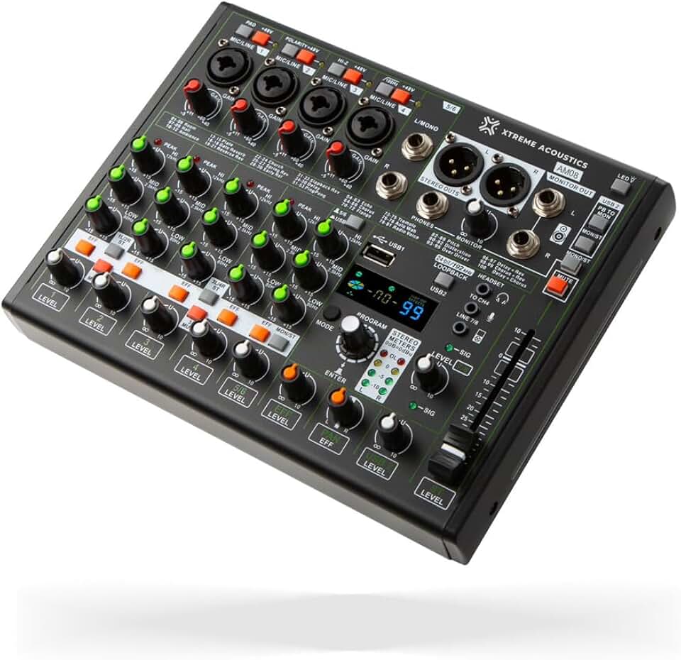Xtreme Acoustics XAAM08, 8 Channel Audio Mixer Interface, 2 INDEPENDANT TRACK RECORDING with USB & Bluetooth, 3 band EQ, Digital DSP Effects, XLR and Stereo Out, Low cut, High Z, Loopback feature